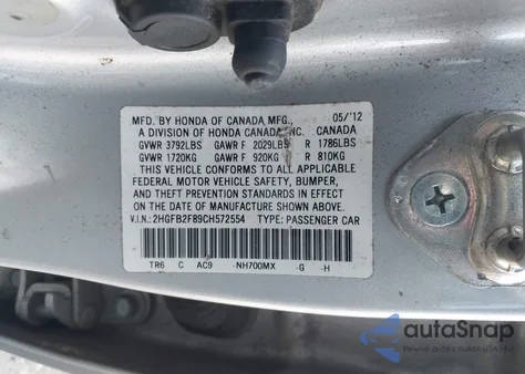 2012 Honda Civic Ex from USA, damaged, VIN 2HGFB2F89CH572554